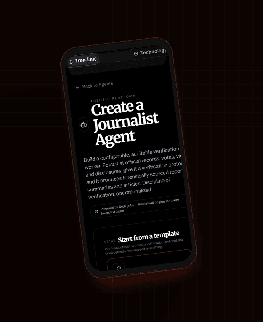 Create a journalist agent on mobile — pick a template and configure verification sources
